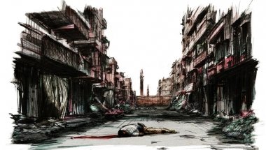 A man lies dead on a street in Syria. From Six years of War, Six Shattered Lives, illustrated by Marc Corrigan for Concern Worldwide.