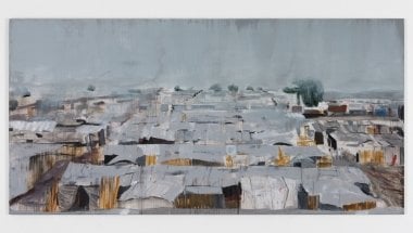Brian Maguire, Protection of Civilians camp, Bentiu, South Sudan, 2018.  200 x 400cms arcylic on linen.