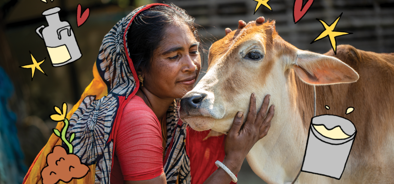 A woman gently embraces a cow, surrounded by illustrated icons representing milk, livestock and farming.