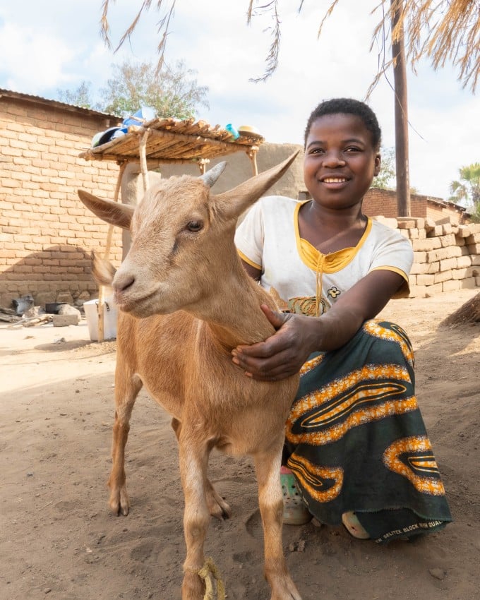 Josephine Kazembe's granddaughter Maria (12) with a goat purchased with money from Concern in Magaleta village in Neno district. (Photo: Chris Gagnon/Concern Worldwide)