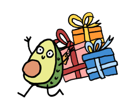 A cheerful cartoon avocado character with arms and legs carries three colorful wrapped gift boxes tied with ribbons.
