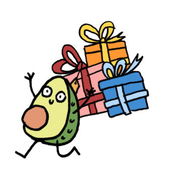 A cheerful cartoon avocado character with arms and legs carries three colorful wrapped gift boxes tied with ribbons.