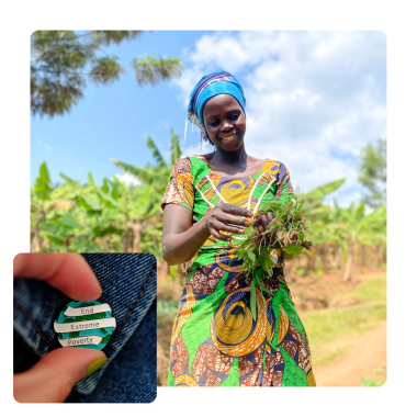 A smiling woman stands in a lush garden holding freshly harvested leafy vegetables with their roots intact. In the bottom-left corner, an inset image shows a hand holding an "End Extreme Poverty" badge.