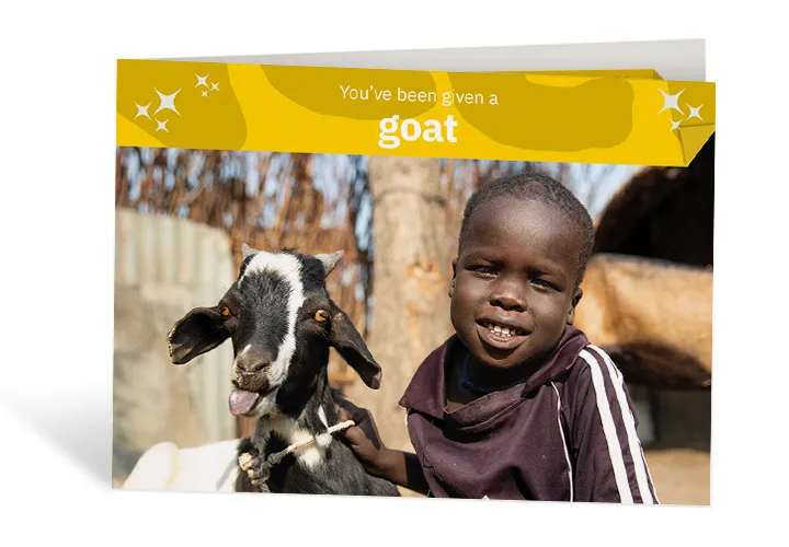  Chiny, four, and Simone, the family goat, in Gambella, Ethiopia. Photo: Kieran McConville/Concern Worldwide 