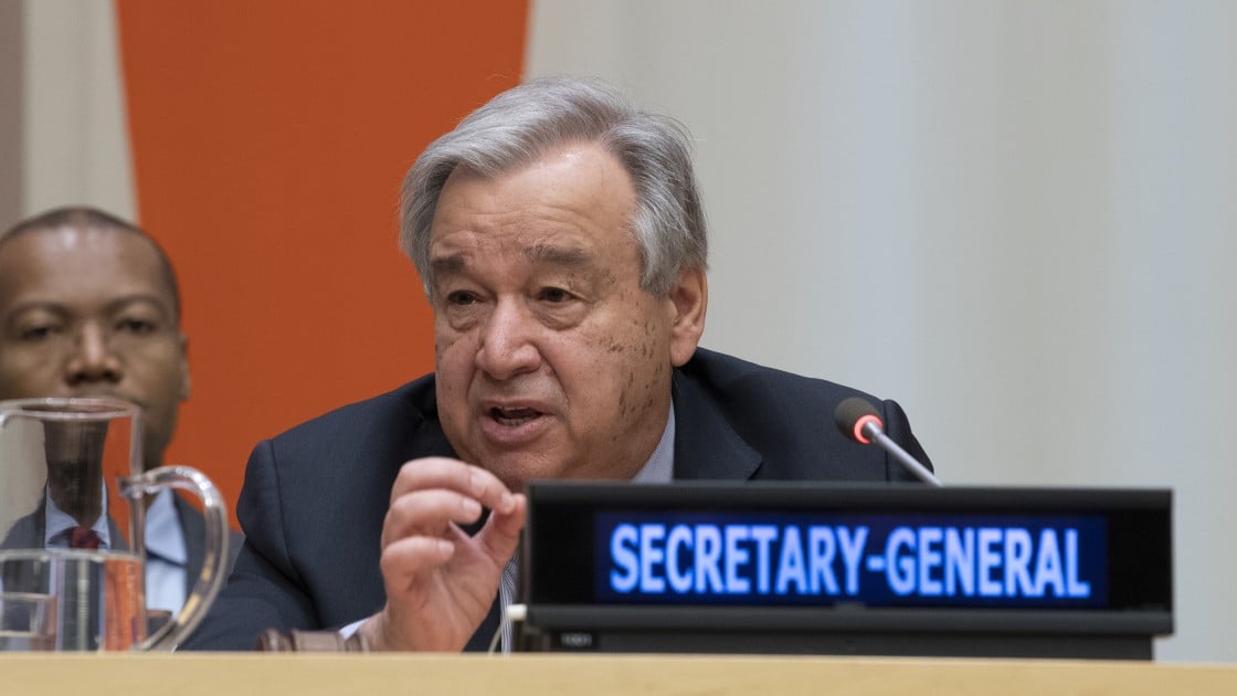 Secretary-General António Guterres speaks at his global town hall meeting with United Nations staff members. Photo: UN Media