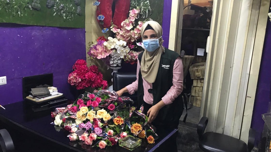 Sanaa Hussein, a member of Concern's shelter team, buying flowers to distribute alongside Concern’s Dignity and Shelter kits to support the local community affected by the Beirut blast. Photo: Pauline Coste / Concern Worldwide