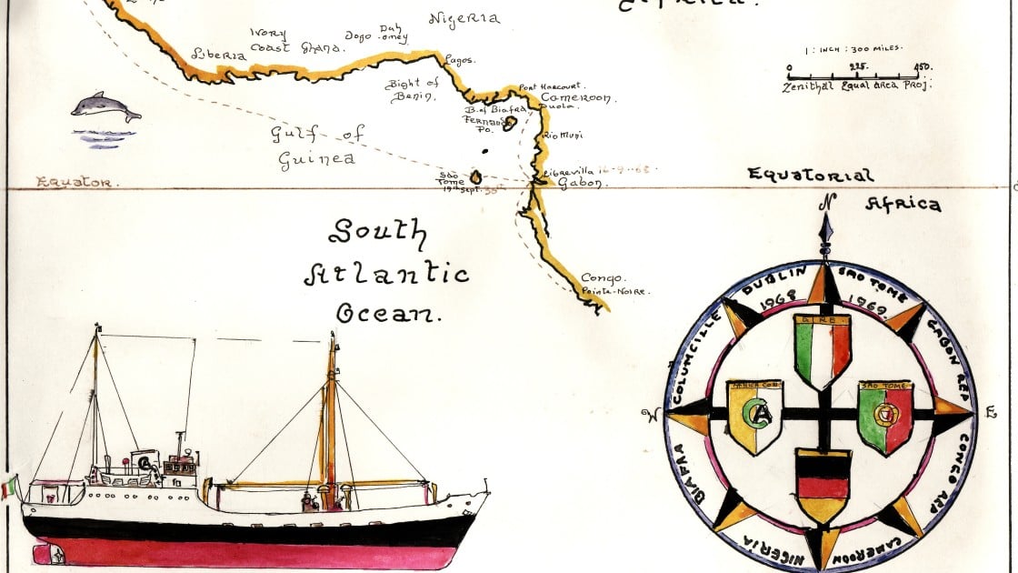 Part of a sketch by Tony O'Moore, crew member of Concern's ship, the M.V Columcille. The skettch charts the journey of the ship from Dublin to the west coast of Africa, delivering aid to people in Biafra.