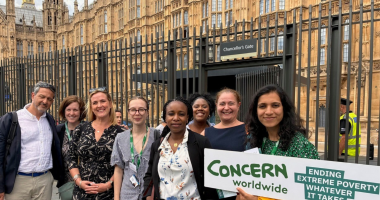 Members of Concern Worldwide stand outside of Parliament