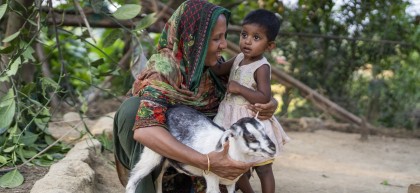 Hazera Begum (32) with her daughter Anika (22 months) is a beneficiary of BPRM project. Hazera got support to build goat shed in her home at Ratna Palong, Ukhiya, Cox's bazar. Photo: Saikat Mojumder/Concern Worldwide