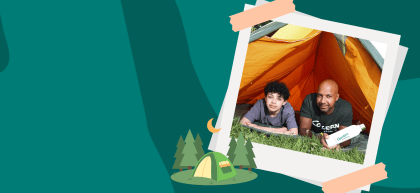 A stylised graphic featuring a father and son lying in an orange tent on green grass, both smiling and relaxed. The father wears a Concern Worldwide t-shirt and holds a branded water bottle. The photo is framed like a Polaroid over a teal background with illustrations of trees and a tent.