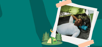 A stylised design featuring a photo of a man lying in a green tent, resting on a camping mat, overlaid on a teal background with illustrated trees and a tent.