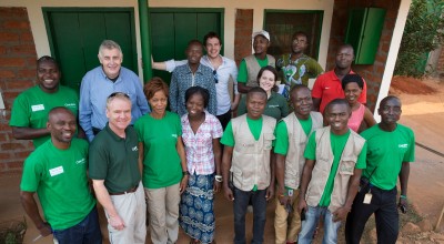 CEO Dominic MacSorley with local and overseas staff in CAR. Photo: Kieran McConville.
