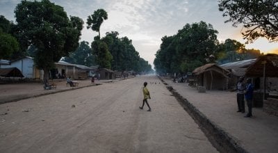 Sunrise on the main street in Kouango, Central African Republic, where Concern is working with some of the poorest communities in the world. Photo: Kieran McConville