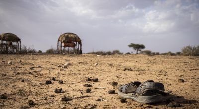 Sandal left abandoned on scorched dry desert land in Somalia