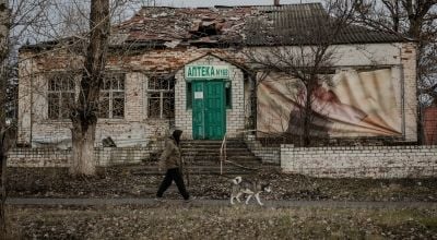 A destroyed pharmacy in Staryi Saltiv village, Kharkiv Oblast’. Photo: Simona Supino/Concern Worldwide
