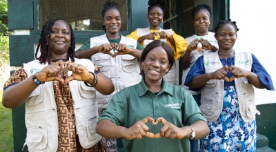 Etmaralyn, Macee, WQueta, Antoinette, Susan, and Pandora at Concern's programme office in Buchanan, Liberia. Photo: Kieran McConville/Concern Worldwide
