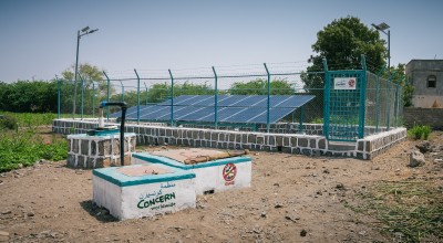 Solar-powered water system constructed by Concern’s local partner, Generation without Qat (GWQ), in Ta’iz Governorate. Photo: Concern Worldwide.