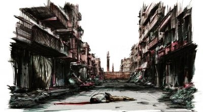 A man lies dead on a street in Syria. From Six years of War, Six Shattered Lives, illustrated by Marc Corrigan for Concern Worldwide.
