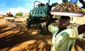 A boy sells dried fish in a camp for internally displaced people in Uganda in 2003. Photo: Concern Worldwide.