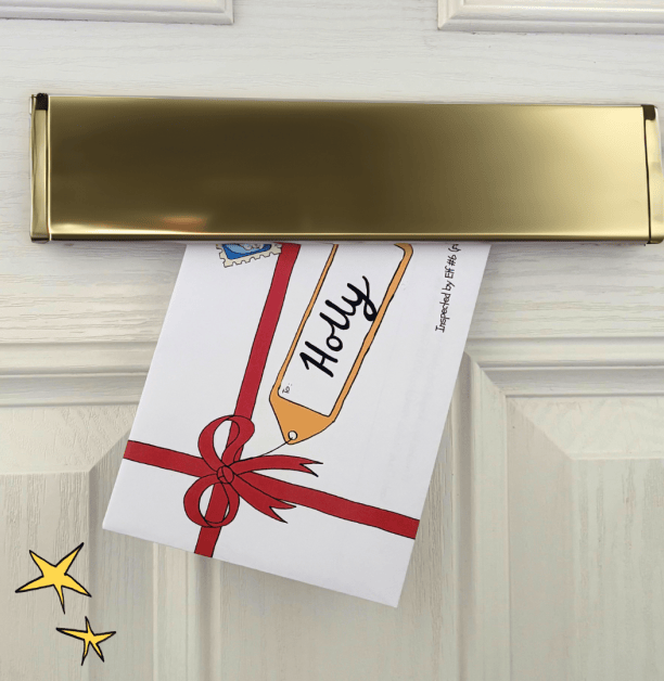 A personalised Santa Letter envelope addressed to “Holly,” being delivered through a gold letterbox with festive star illustrations.