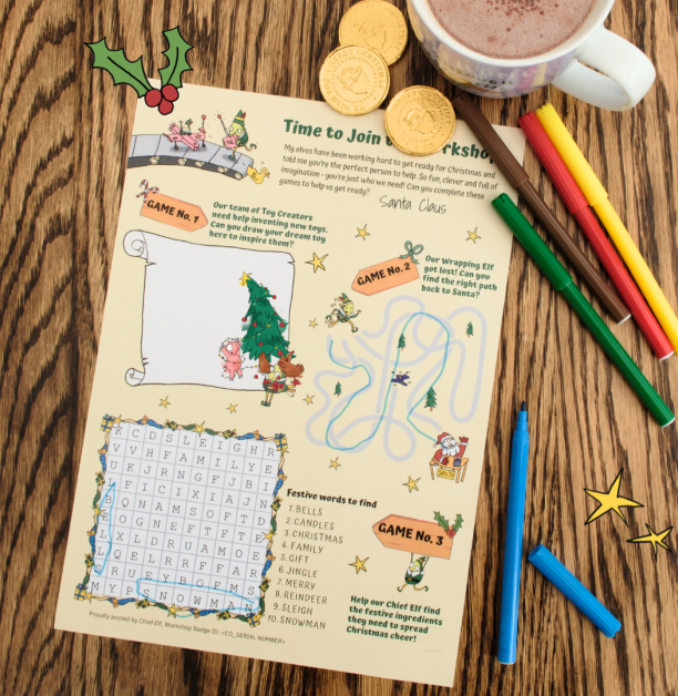 A Christmas activity sheet from Concern’s Santa Letter pack, featuring festive word searches, games, and elf illustrations, alongside pens, chocolate coins, and hot chocolate.