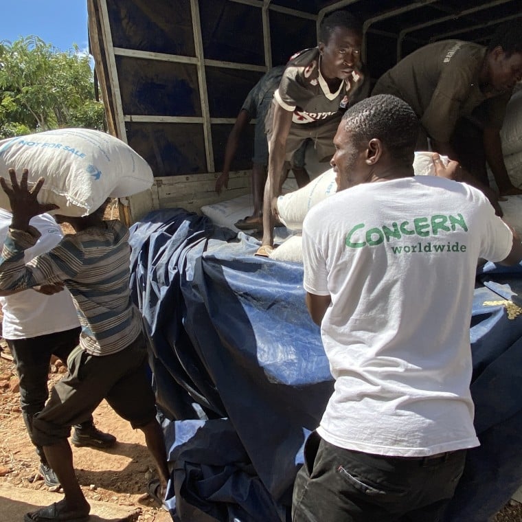 Concern staff in white tshirts with the Concern Worldwide and community members, unload food supplies out of a truck.